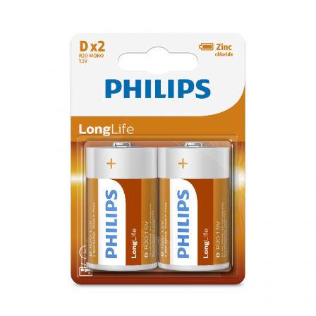 PHILIPS D Size 1.5V LongLife Zinc Chloride Batteries 2pcs card (R20L2B/97)