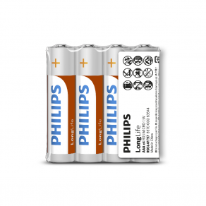 PHILIPS AAA Size 1.5V LongLife Zinc Chloride Batteries 4pcs shrink (R03L4F/97)