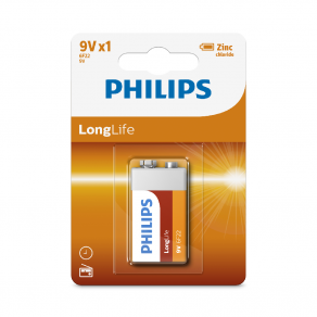PHILIPS 9V Size LongLife Zinc Chloride Batteries 1pcs card (6F22L1B/97)