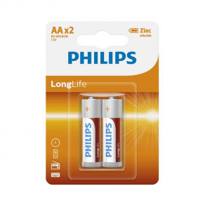 PHILIPS AA Size 1.5V LongLife Zinc Chloride Batteries 2pcs card (R6L2B/97)