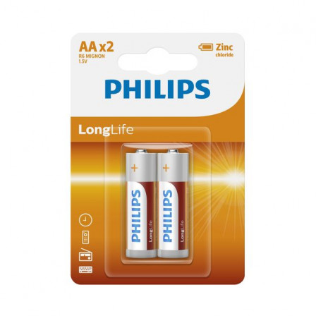 PHILIPS AA Size 1.5V LongLife Zinc Chloride Batteries 2pcs card (R6L2B/97)