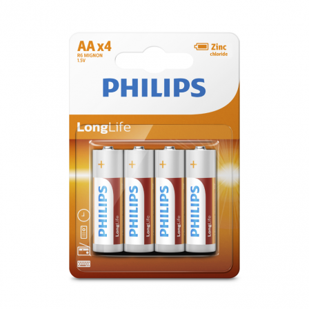 PHILIPS AA Size LongLife Zinc Chloride Batteries 4pcs card (R6L4B/97)