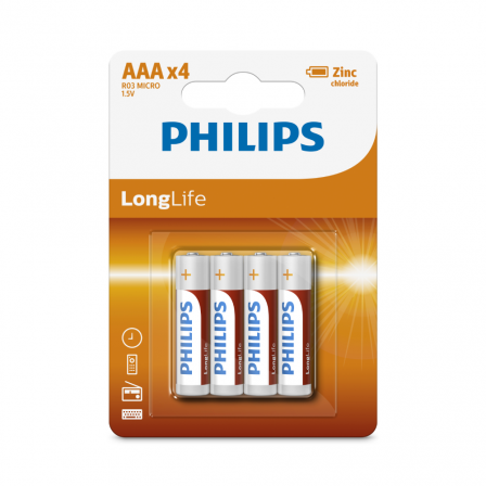 PHILIPS AAA Size LongLife Zinc Chloride Batteries 4pcs card (R03L4B/97)
